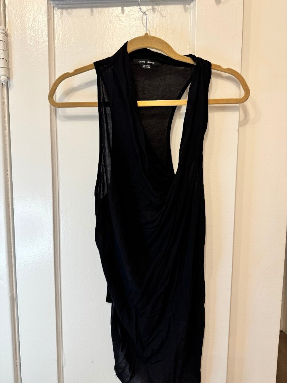 Olive Olivia Sheer Black High-Low Top – Draped Cowl Neck